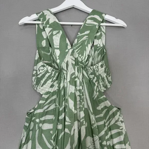 By Anthropologie Dress Womens XS Green Smocked Bandeau Leaf Tropical Cutout Maxi - Picture 6 of 14